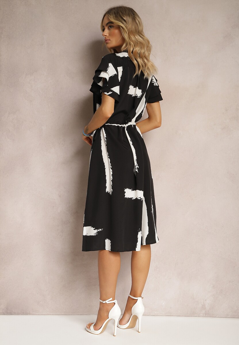 Czarno-Biała Pudełkowa Sukienka z Ozdobnym Wzorem i Sznurkiem w Talii Sidna