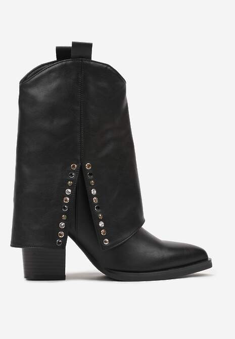 Czarne Botki na Stożkowym Słupku Kowbojki z Wywiniętą Cholewką Mavora