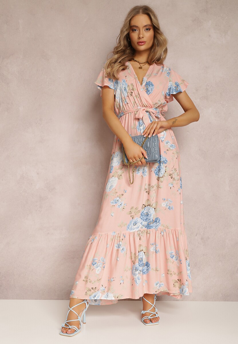 Jasnoróżowa Sukienka w Kwiaty o Kopertowym Kroju z Wiązanym Paskiem Iphene