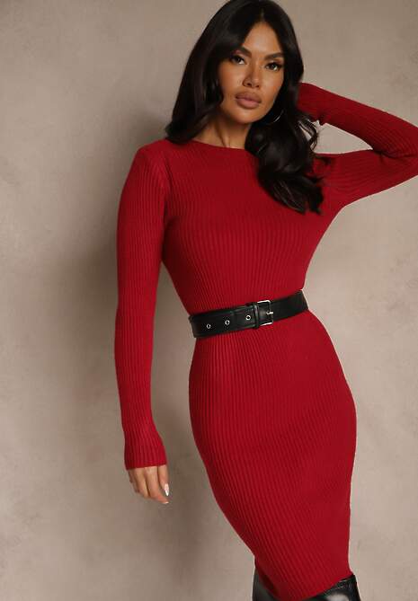 Bordowa Prążkowana Sukienka z Dzianiny z Bawełną o Dopasowanym Kroju Tesoria