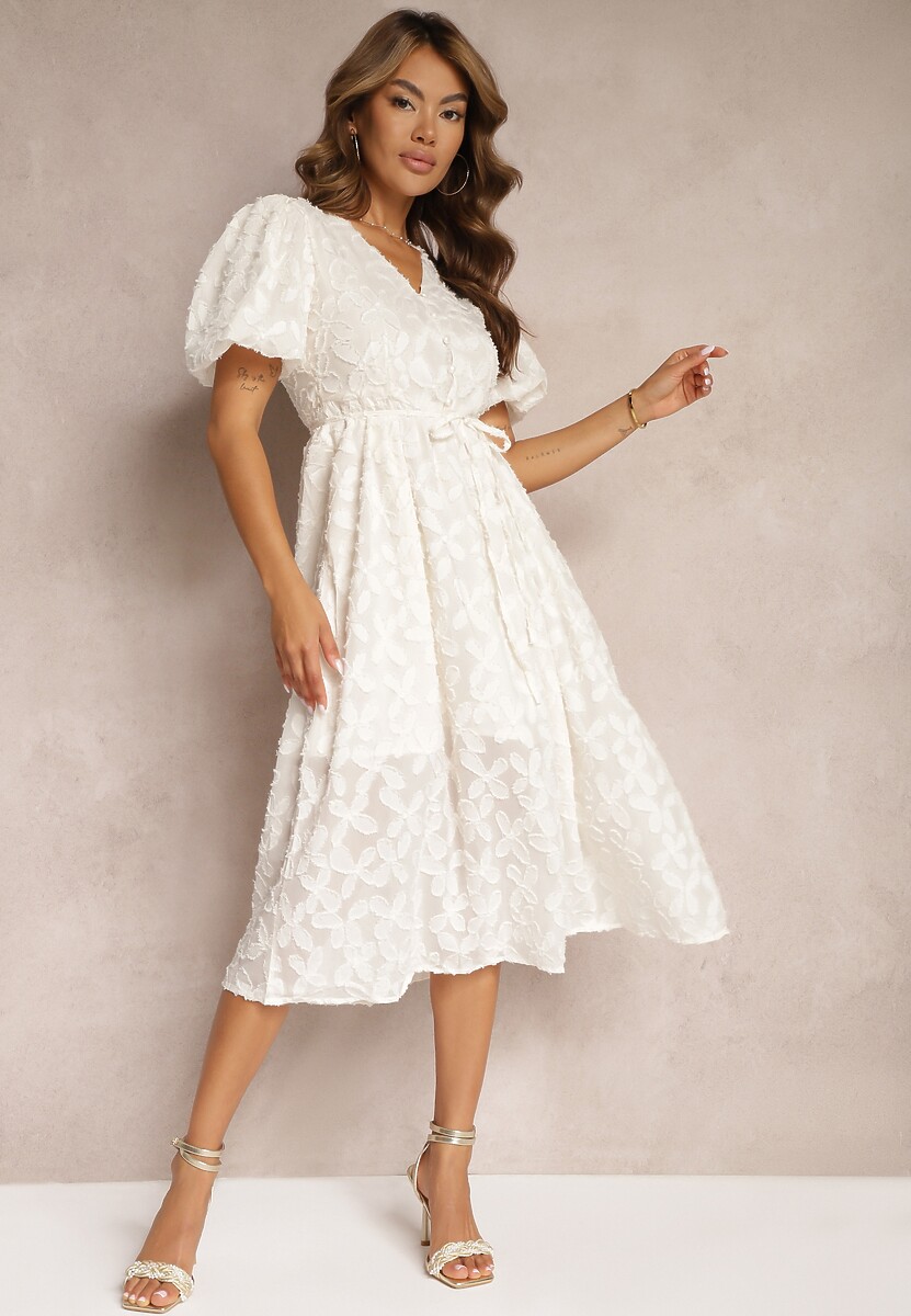 Jasnobeżowa Koronkowa Sukienka Midi z Wiskozy Olikis