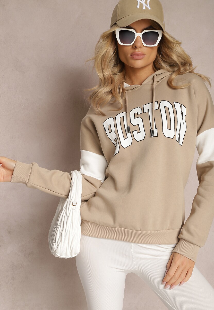 Beżowa Bawełniana Bluza z Kapturem w Amerykańskim Stylu z Napisem i Polarem Iocaste