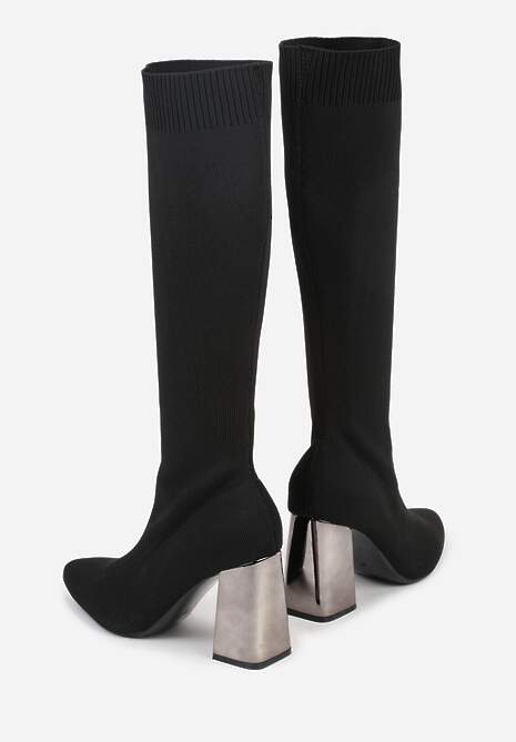 Czarne Skarpetkowe Kozaki VICES do Kolana na Metalicznym Słupku Rafenna