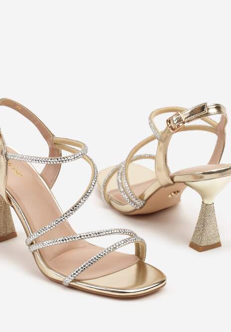 Złote Cyrkoniowe Sandały Vices na Stożkowym Obcasie Galitiela