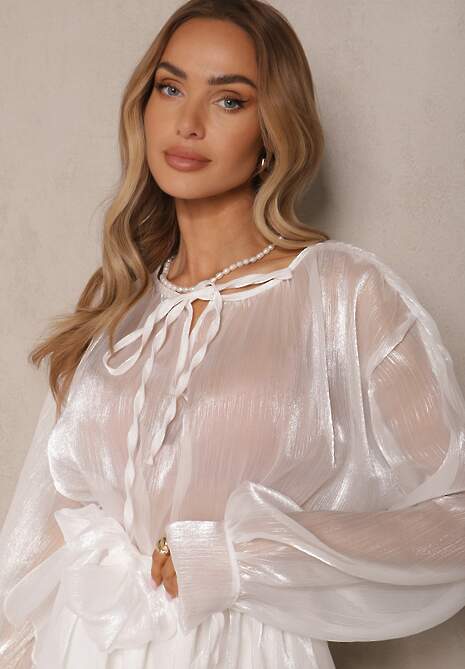 Biała Rozkloszowana Sukienka z Paskiem i Wiązaniem Savare