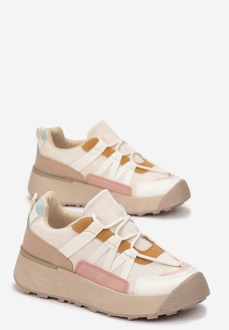 Beżowe Sznurowane Płaskie Sneakersy z Kolorowymi Wstawkami z Ekoskóry Wonise