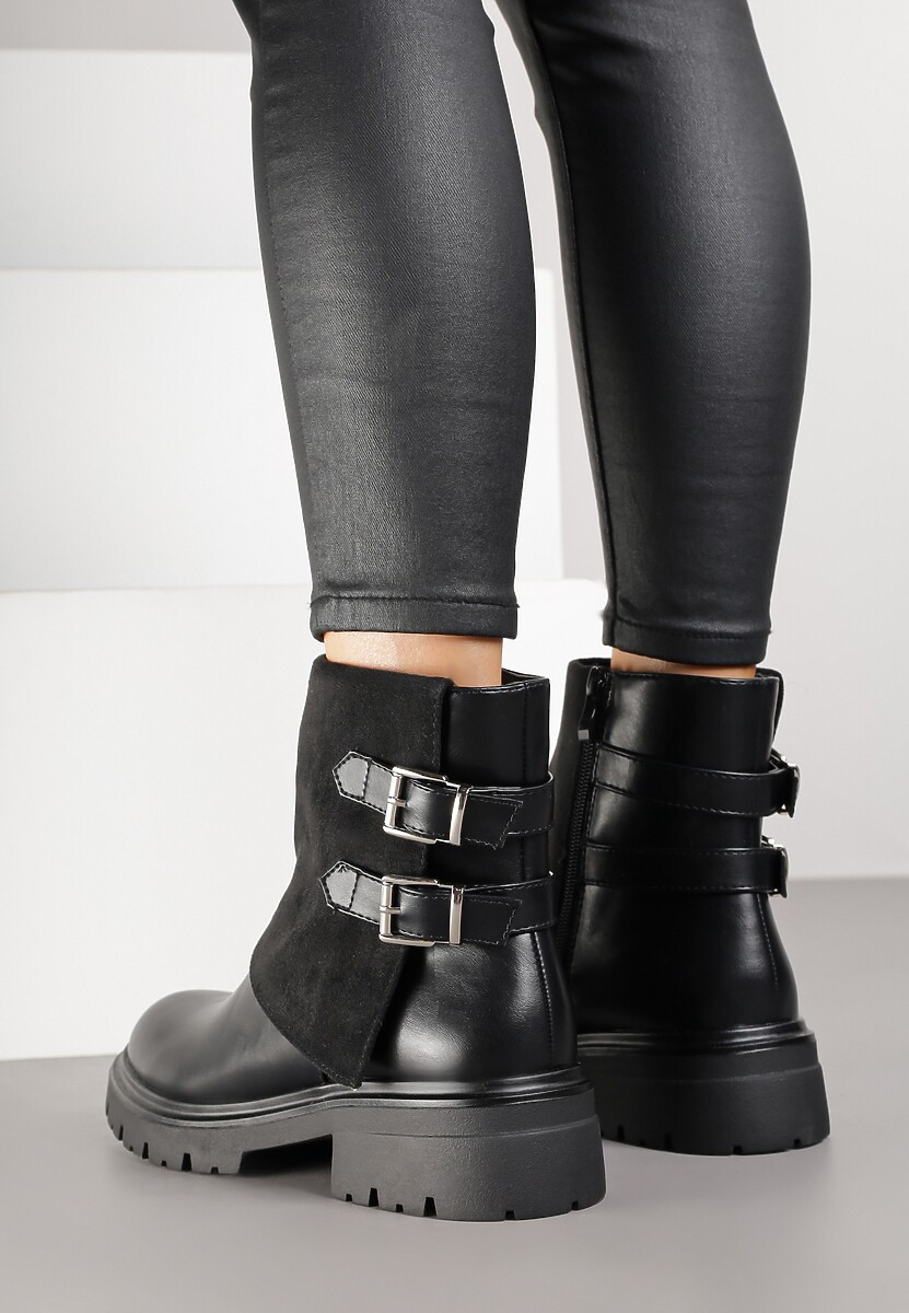 Czarne Botki Bikery z Wywiniętą Cholewką i Dwiema Klamrami Parotie