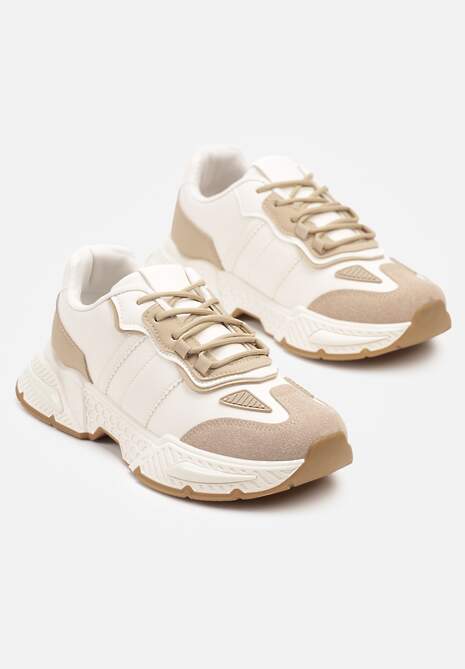 Ciemnobeżowe Sneakersy w Streetwearowym Stylu z Ozdobnymi Przeszyciami Isallena