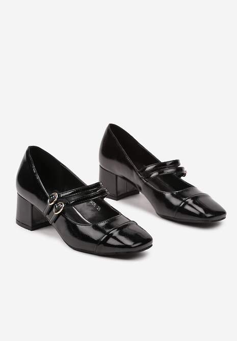 Czarne Lakierowane Czółenka na Obcasie z Kwadratowym Noskiem i Podwójnym Paskiem Rearielith