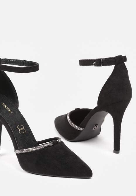 Czarne Szpilki Vices z Wkładką ze Skóry Naturalnej i Ozdobnym Cyrkoniowym Paskiem Lizzeth