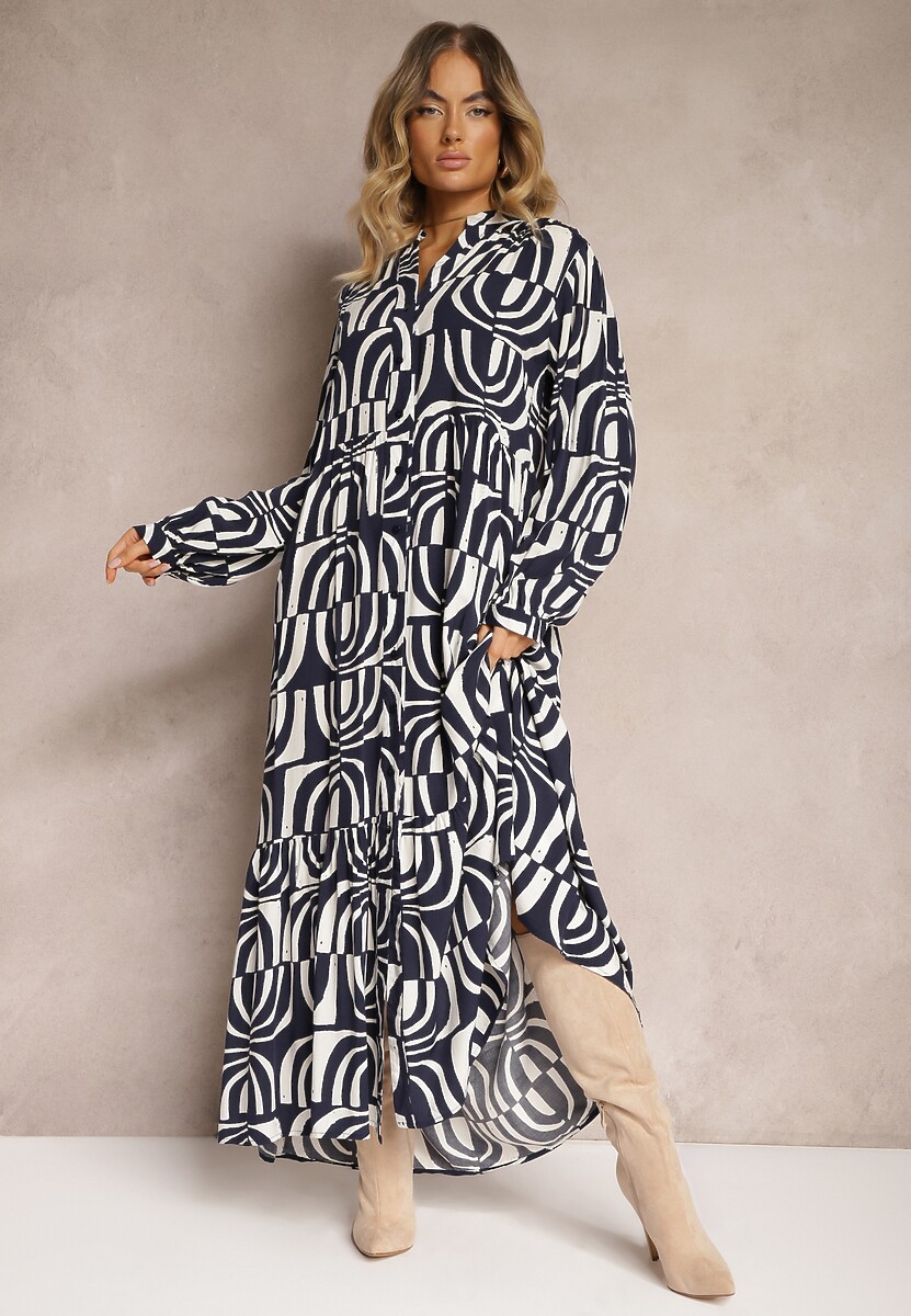 Granatowa Długa Sukienka Rozkloszowana w Geometryczne Wzory z Kołnierzykiem Skulle