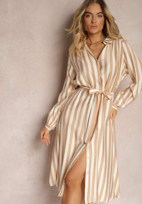 Beżowa Sukienka o Koszulowym Kroju z Materiałowym Paskiem Zapinana na Guziki Dimori