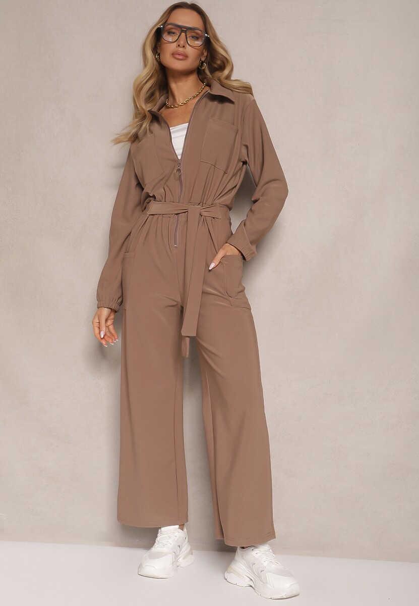 Brązowy Kombinezon z Elastyczną Gumką w Pasie z Dodatkowym Wiązaniem o Luźnym Kroju Creera
