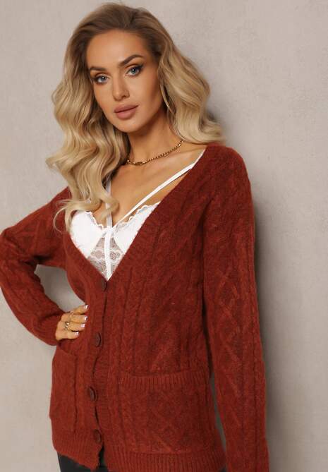 Bordowy Zapinany Kardigan z Trójkątnym Dekoltem i Warkoczykowy Splot Juessa