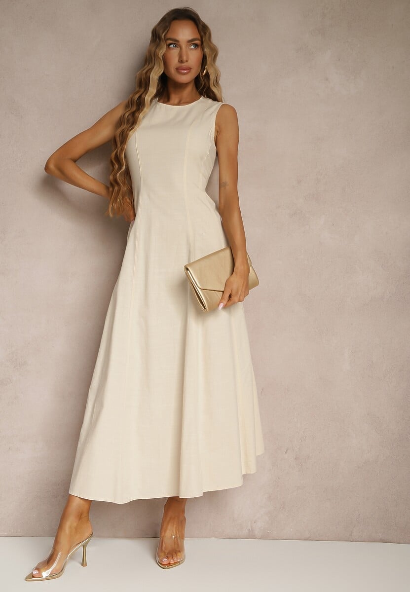 Jasnobeżowa Sukienka Rozkloszowana z Wiskozą Bawełną i Rozcięciem na Nogę Saravisse