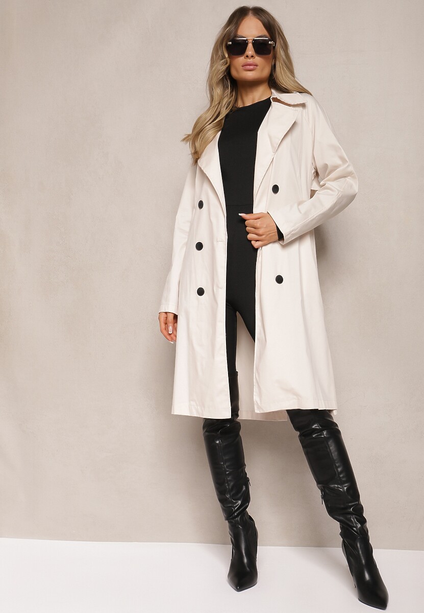 Beżowy Dwurzędowy Płaszcz o Fasonie Klasycznego Trencza z Paskiem Abelara