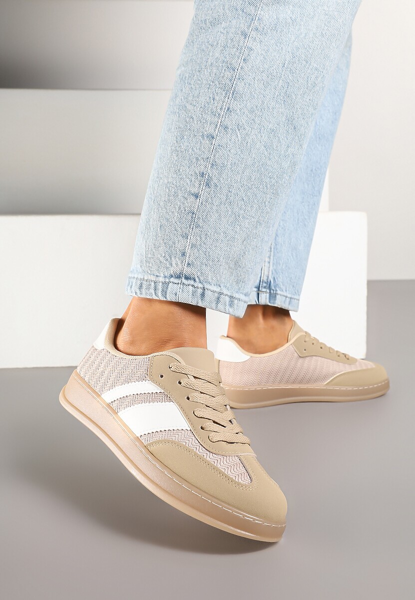 Ciemnobeżowe Sneakersy w Stylu Tenisówek z Paskami Eleaniria
