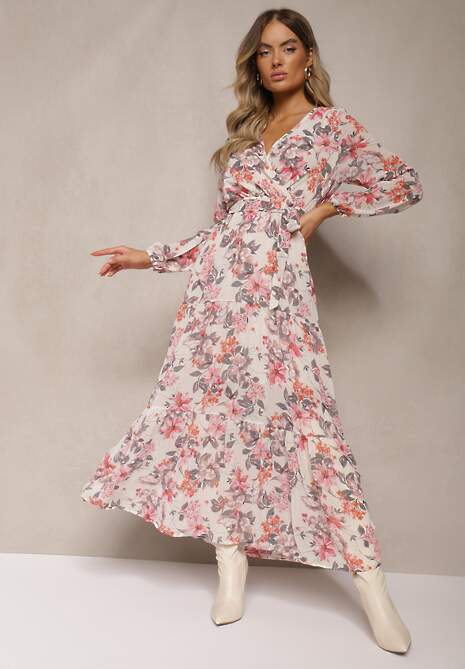 Beżowa Sukienka Maxi z Kopertowym Dekoltem i Gumką z Wiązaniem w Talii Alret