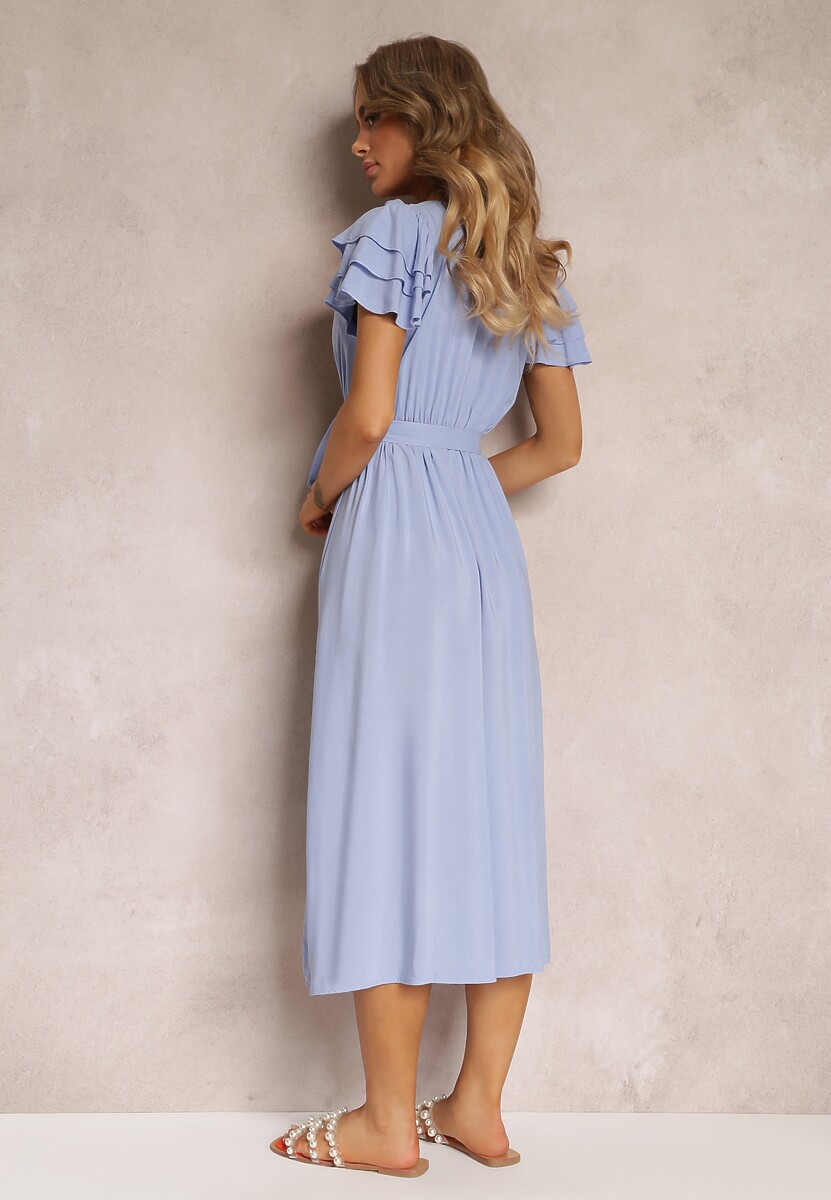 Niebieska Wiskozowa Sukienka Midi z Gumką w Talii i Falbankami Nenora