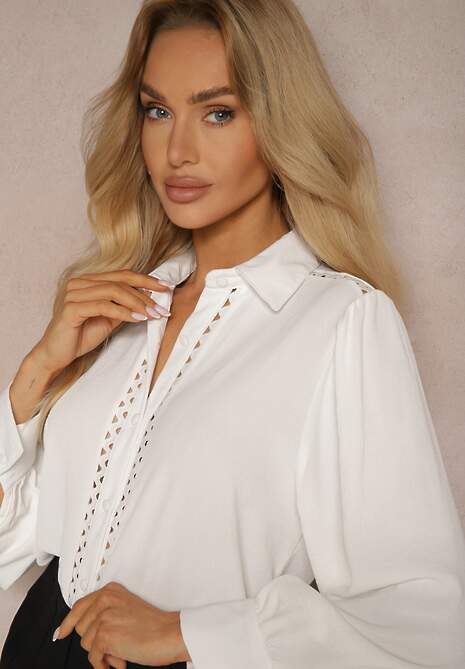 Biała Koszula z Eleganckimi Ażurowymi Wstawkami Meristas