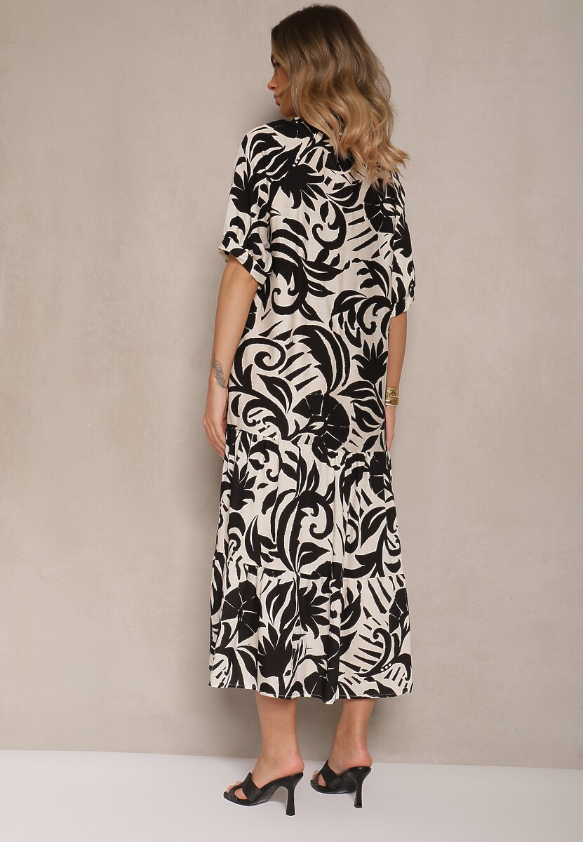 Czarna Rozkloszowana Sukienka z Wiskozy Ozdobiona Falbaną Filesenia