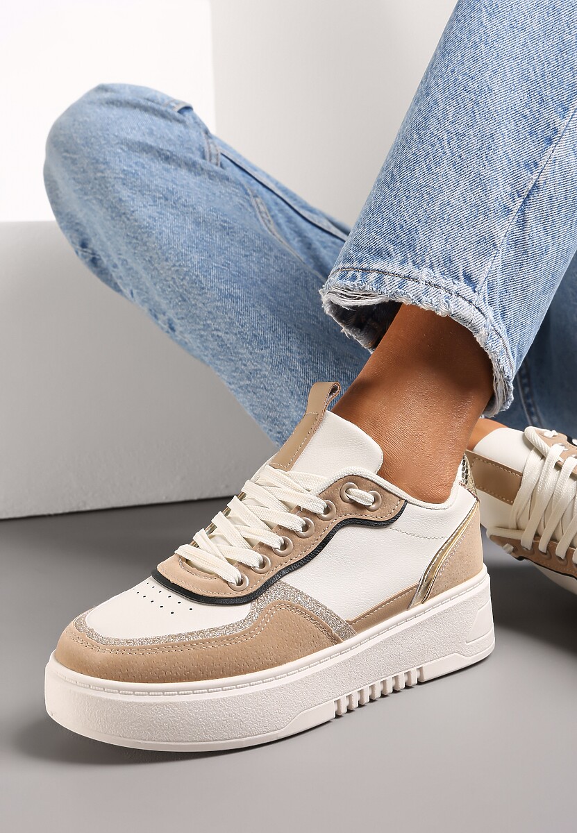 Ciemnobeżowe Sneakersy z Brokatowymi Wstawkami Nickole