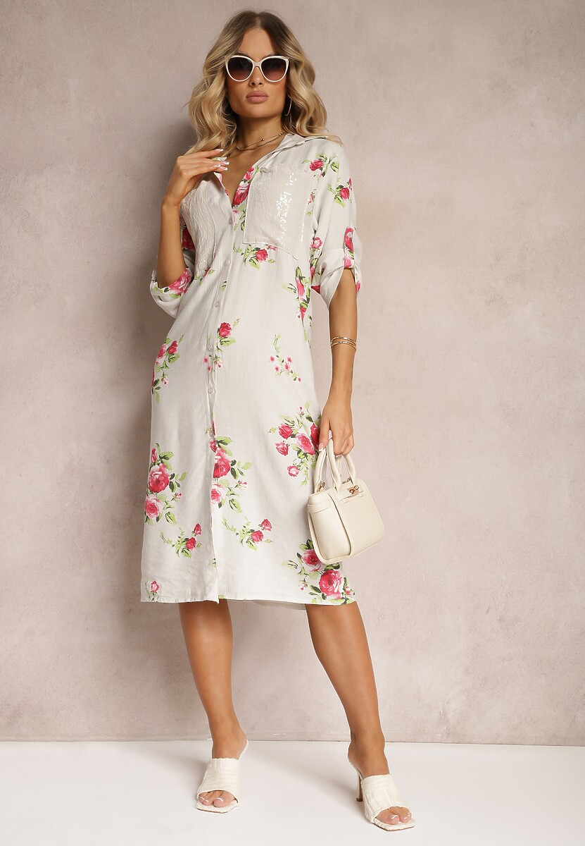 Jasnoszara Koszulowa Bawełniana Sukienka Zapinana na Guziki Nuramla