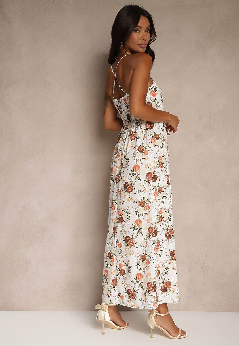 Beżowa Rozkloszowana Sukienka z Wiskozą w Kwiatowy Wzór Nalivie