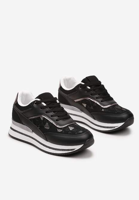Czarne Eleganckie Sneakersy z Brokatem i Metalicznymi Naszywkami Desmerana