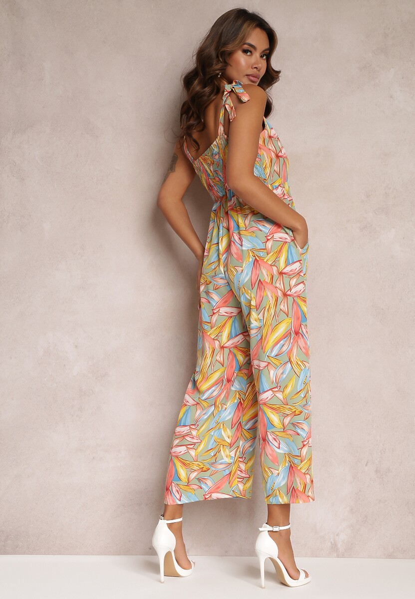 Jasnozielono-Żółty Długi Kombinezon z Wiązanymi Ramiączkami w Kwiaty Prongi
