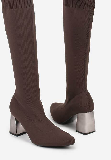 Brązowe Eleganckie Kozaki VICES na Metalicznym Obcasie ze Skarpetkową Cholewką Nalaina