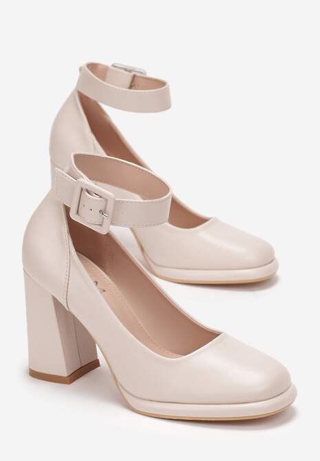 Beżowe Czółenka na Słupku z Paskiem i Klamerką Mirakia