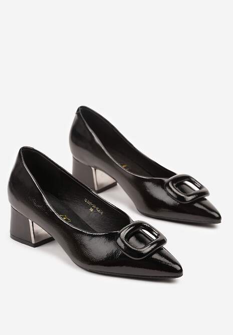 Czarne Czółenka Vices na Słupku z Wkładką ze Skóry Naturalnej i Klamrą Apanelle