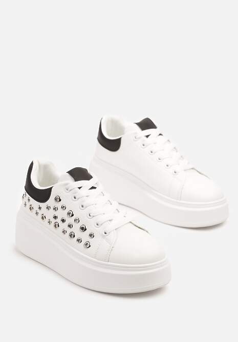 Biało-Czarne Sneakersy na Niskiej Platformie z Aplikacjami przy Cholewce Maristia
