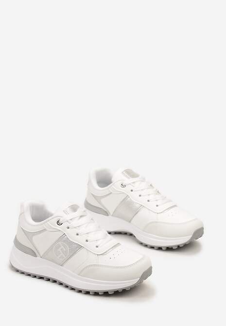 Białe Sznurowane Sneakersy z Brokatem i Siateczką na Grubej Podeszwie Leviria
