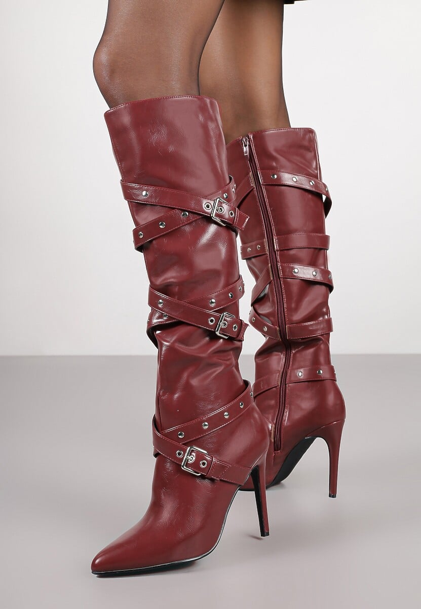 Bordowo-Czerwone Kozaki Bikery na Szpilce z Klamrami i Paskami Jurisse