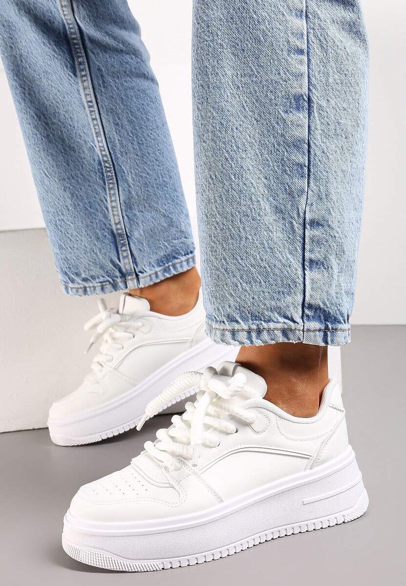 Białe Sznurowane Sneakersy na Platformie z Metalicznymi Wstawkami Arileva