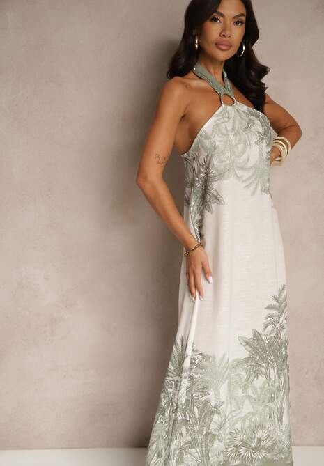 Zielona Sukienka z Wiskozą Ozdobiona Wiązaniem i Wzorem Palm Folenella