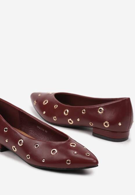 Bordowe Balerinki na Płaskiej Podeszwie Ozdobione Metalicznymi Kółeczkami Erisellea