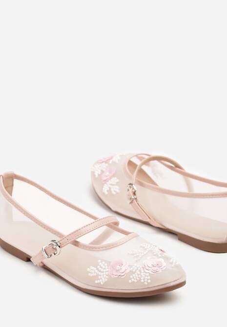 Różowe Balerinki Transparentne w Stylu Mary Jane z Kwiatowymi Zdobieniami Nelritia