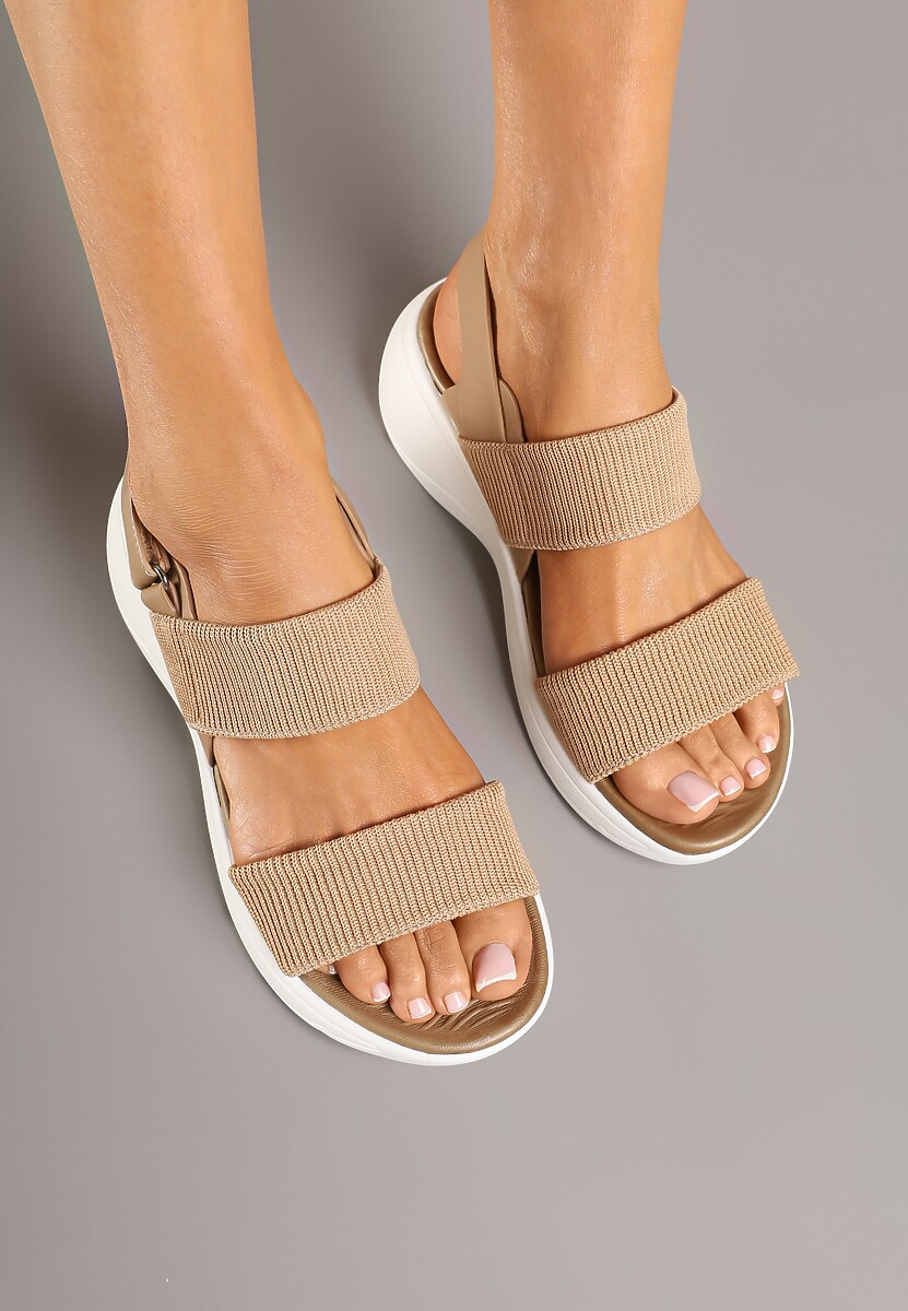 Ciemnobeżowe Sandały Ozdobione Prążkowanymi Paskami Faleleldi