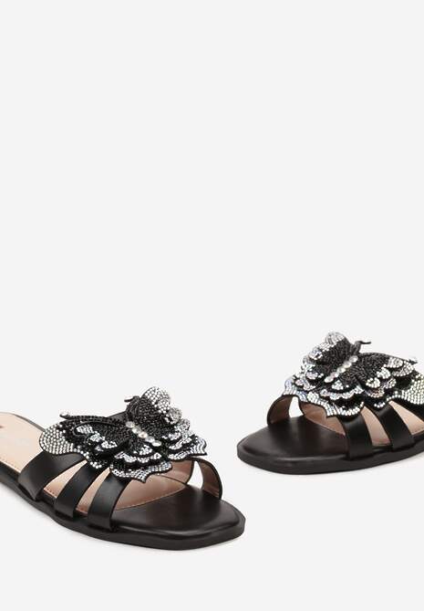 Czarne Płaskie Klapki z Aplikacją z Cyrkonii w Kształcie Motylka Iladra