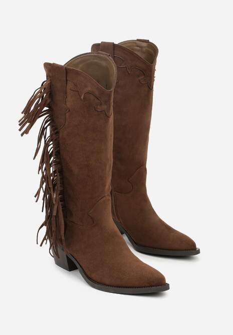 Brązowe Kozaki Kowbojki na Stożku Ozdobione Frędzlami Reianeva