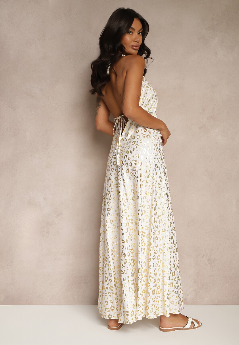 Biała Wiskozowa Sukienka Halter Zdobiona Metalicznym Nadrukiem w Panterkę Linaruna