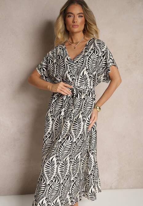 Czarna Sukienka z Wiskozy Ozdobiona Paskiem i Motywem Liści Belozi