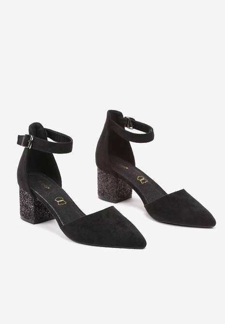 Czarne Czółenka Vices na Brokatowym Słupku ze Skórzaną Wkładką Ozdobione Brokatem Leanelith