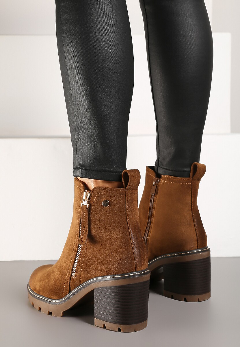 Brązowe Botki na Słupku Boho z Suwakiem Kodra