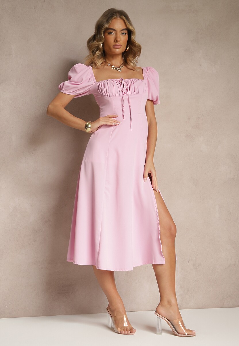 Różowa Rustykalna Sukienka o Rozkloszowanym Kroju z Wiązaniem i Rozcięciem Idanvera