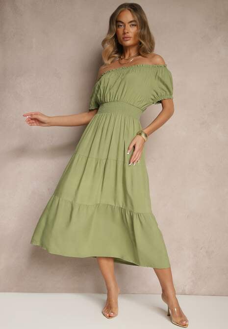 Ciemnozielona Rozkloszowana Sukienka z Gumką w Talii i Dekoltem w Kształcie Łódki Miratela