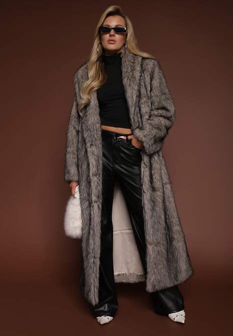 Beżowo-Czarny Płaszcz Futerko o Długim Kroju Ozdobiony Kołnierzem Cannesa